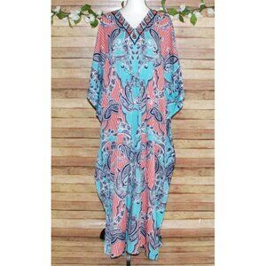 Riviera Sun Caftan Patio Dress Colorful Studded Size Free Plus Paisleys V-Neck
